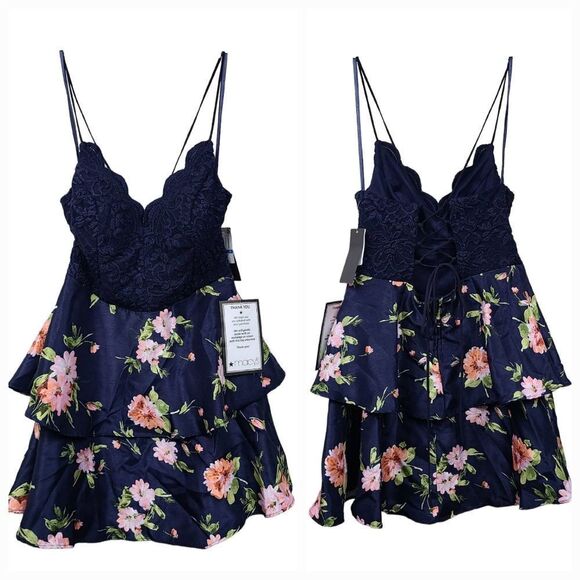 Macy's NWT Woman's Navy Floral Lace Up Formal Corset Prom Dress Homecoming Party - Picture 3 of 14